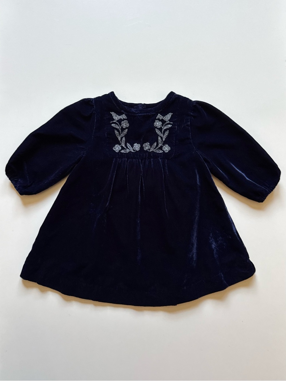 Bonton Baby Girl Daisy Blue Velvet Dress with Silver Embroidered Yoke - Size 6M